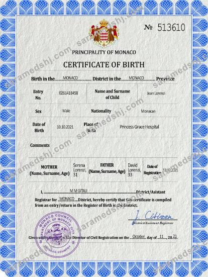 Monaco vital record birth certificate PSD template